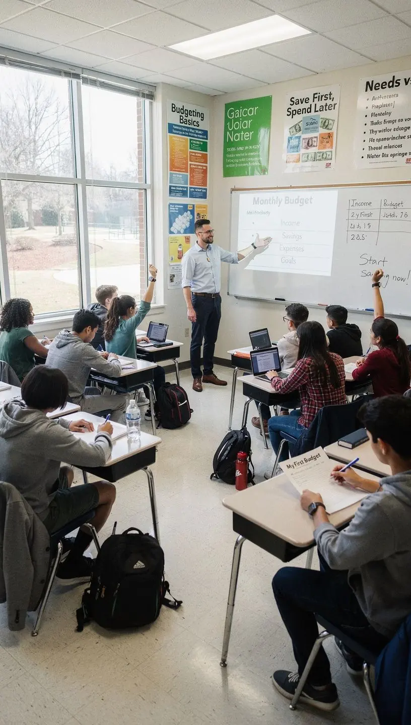 Családi pénzügyi megbeszélés egy asztalnál, ahol a tagok áttekintik a költségvetést.