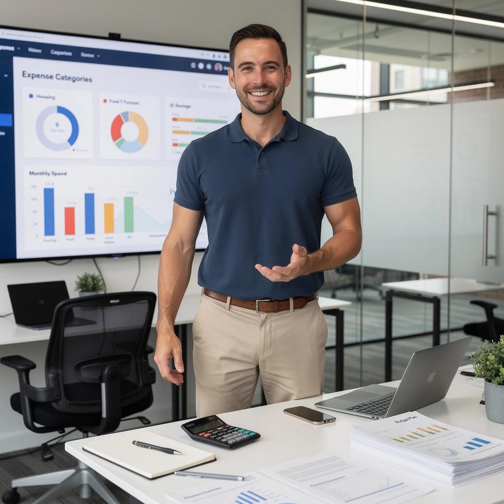 Kép egy pénzügyi szakértőről, aki tanácsokat ad egy csoportnak a napi költségvetés kezeléséről.